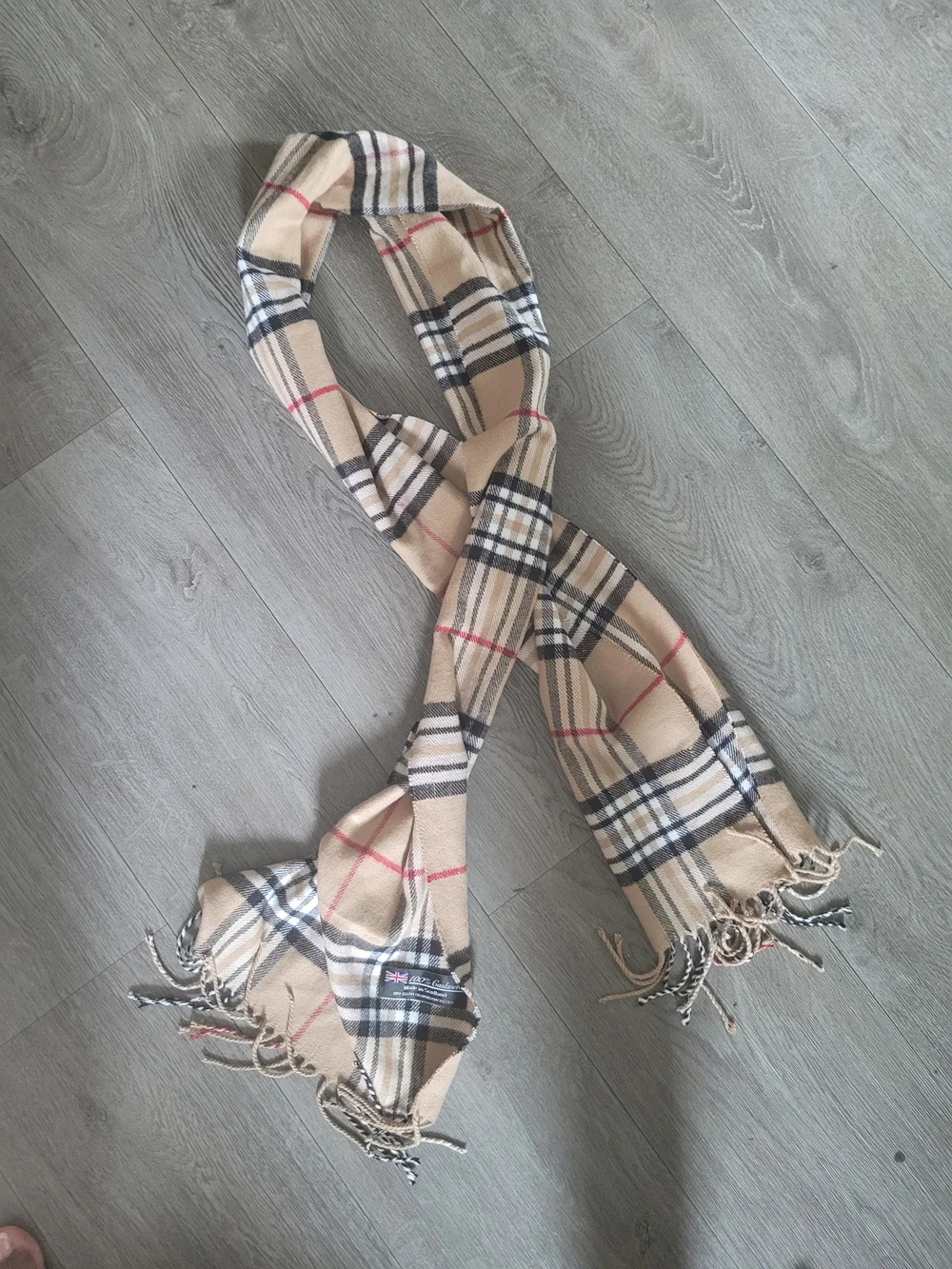 Men's Beige Plaid Scarf with Fringe